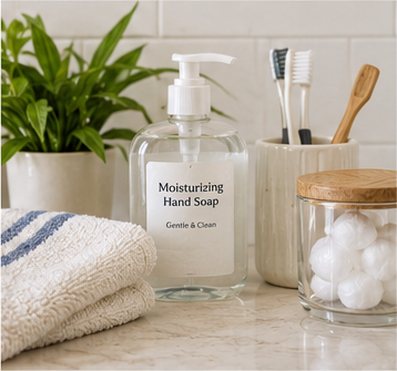 Everyday bathroom products with clear labels and simple packaging