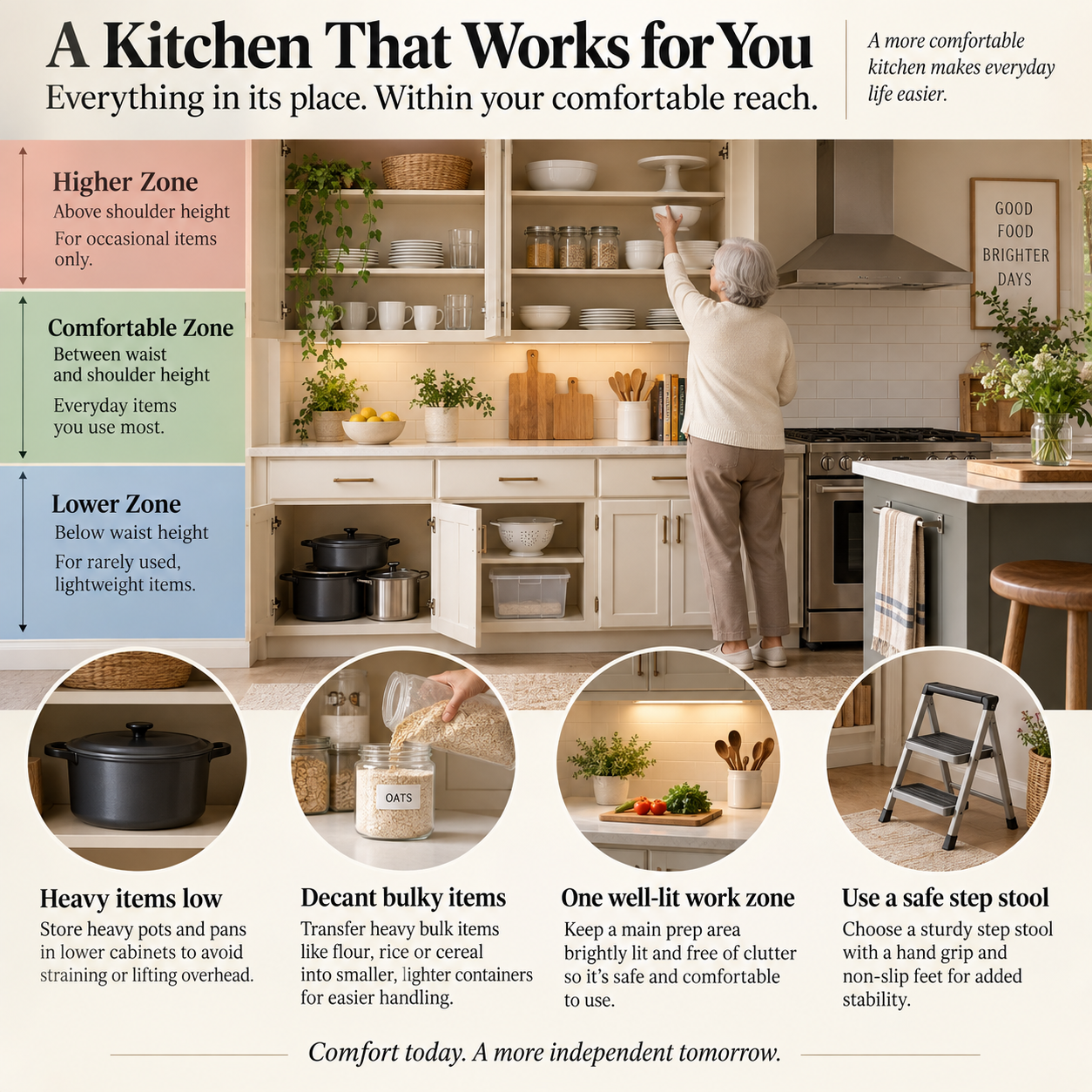 Infographic showing comfortable reach zones and kitchen setup tips