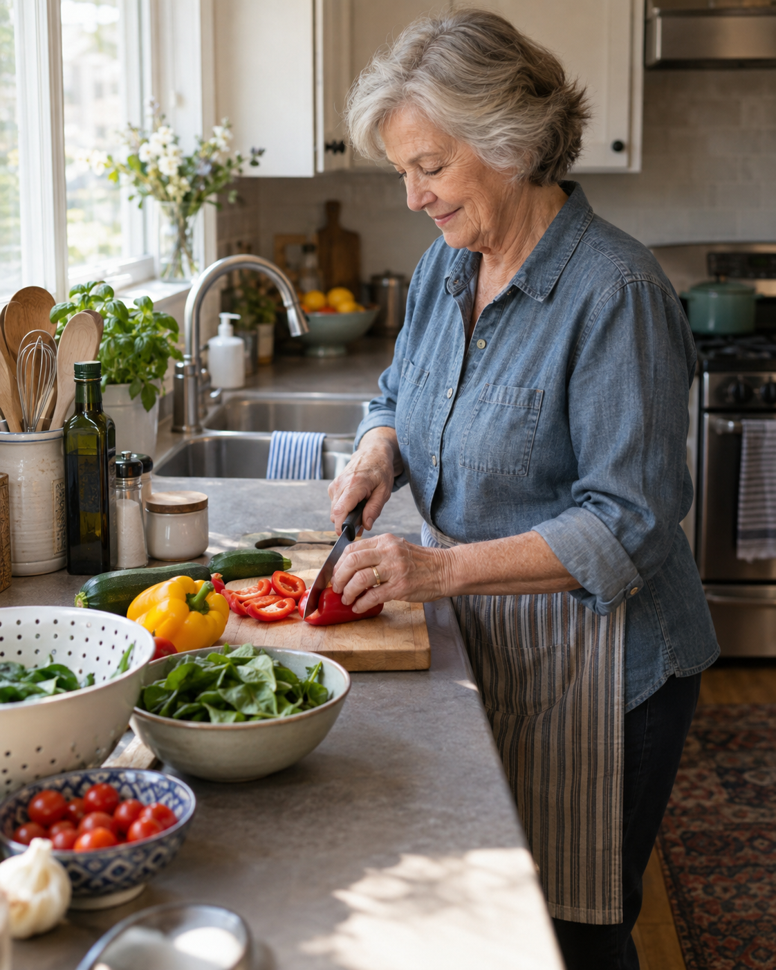 Older American woman preparing vegetables in a well-lit kitchen