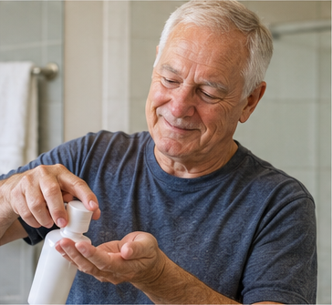 Older American man comfortably using a pump bottle
