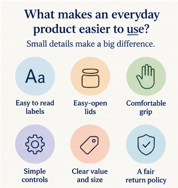 Infographic showing readable labels, easy-open lids, grip and simple controls