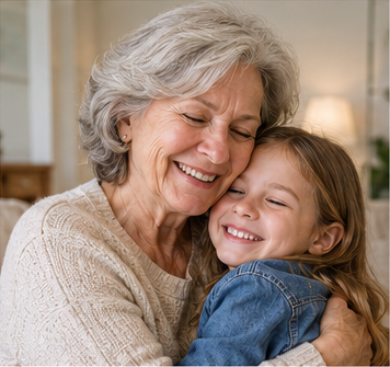 Older American grandmother warmly hugging her granddaughter