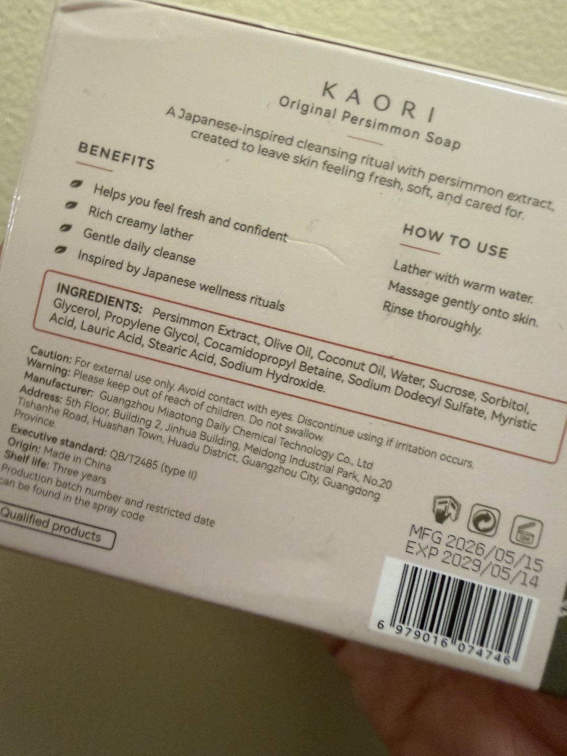 Kaori Original Persimmon Soap package showing Origin: Made in China