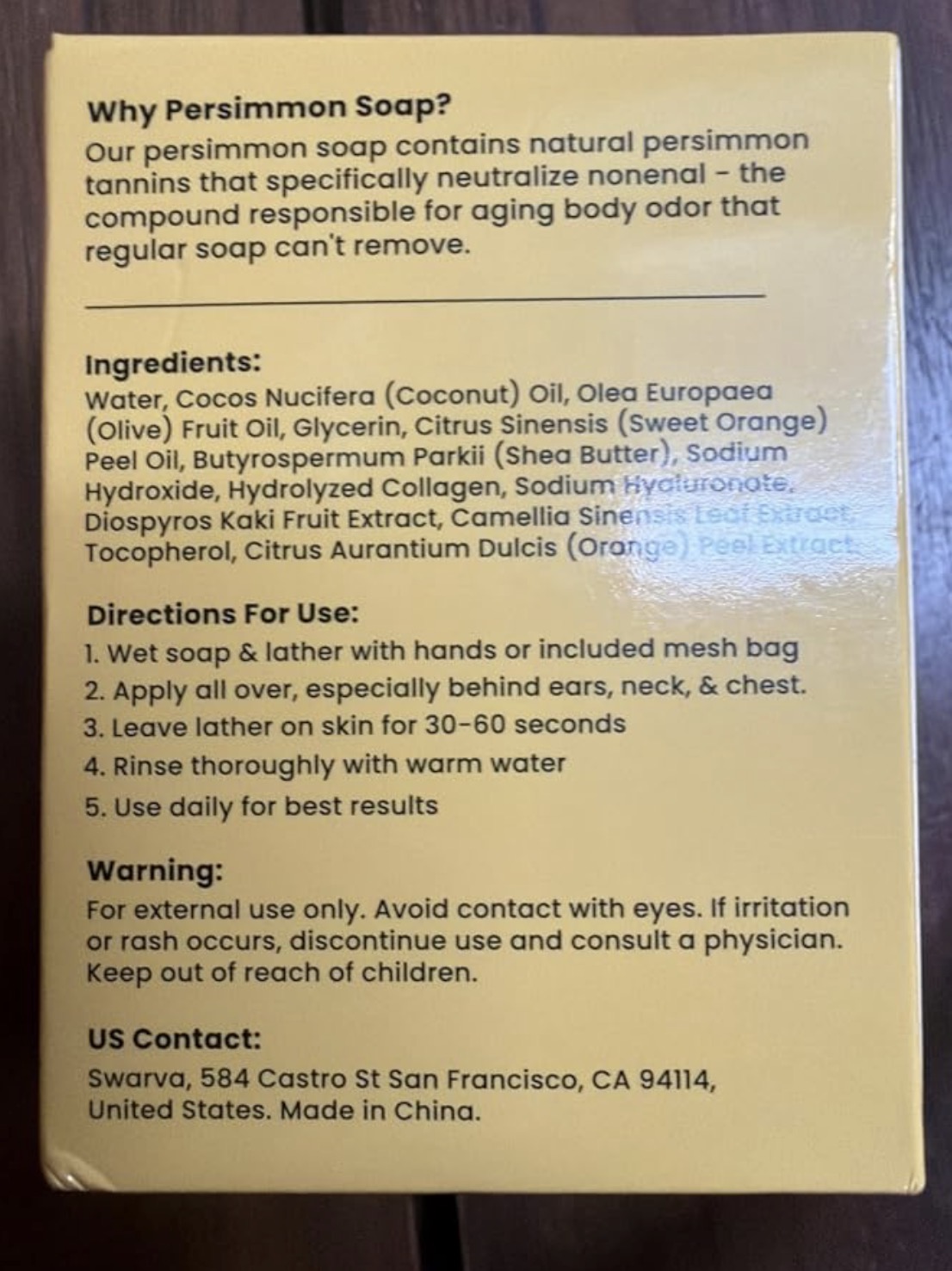 Swarva persimmon soap package showing Made in China