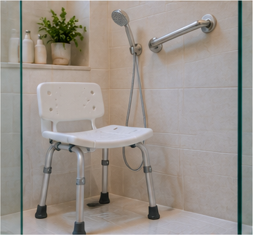 Modern shower with grab bar, handheld shower and shower seat