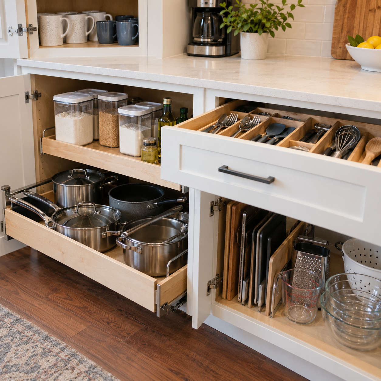 Pull-out kitchen drawers with pots, dishes and pantry containers