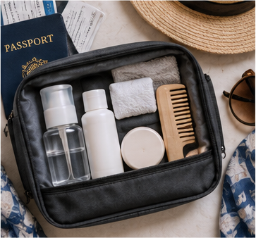 Compact personal-care travel kit with labeled toiletries
