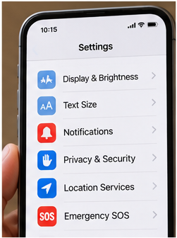 Smartphone settings screen with accessibility and safety options