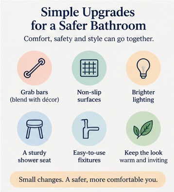 Infographic showing safer bathroom upgrades for older adults
