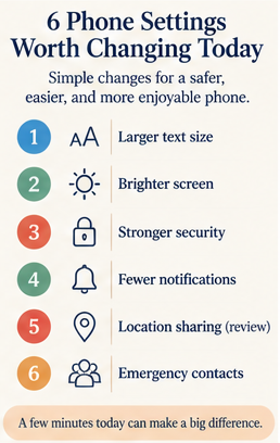 Infographic showing six helpful phone settings for older adults