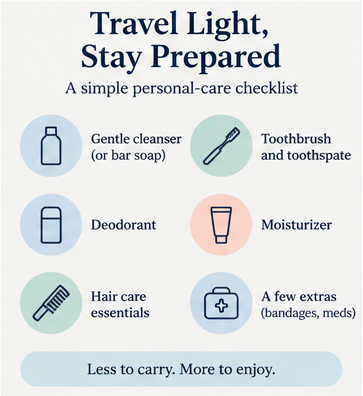 Infographic showing a compact personal-care checklist for travel