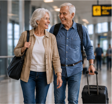 Older American couple traveling with luggage