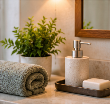 Warm bathroom counter with simple functional details